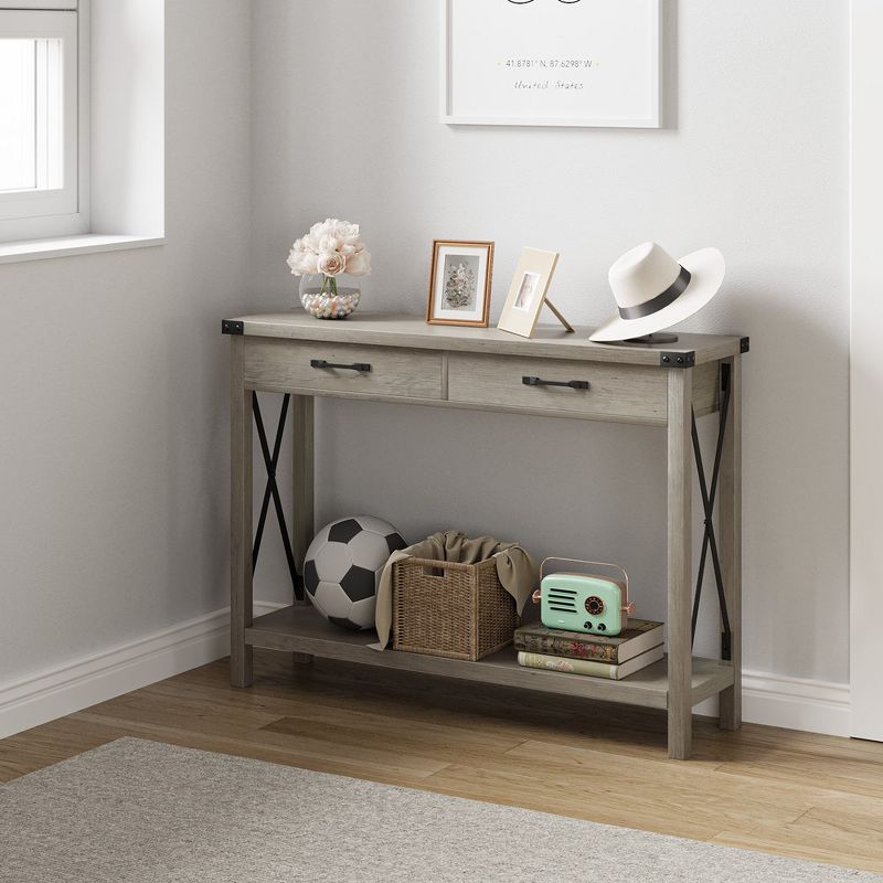 Console Table with 2 Drawers, Farmhouse Entryway Table with Storage Shelf, Accent Wood Sofa Table for Living Room, Hallway, Foyer-Grey, 2 of 7