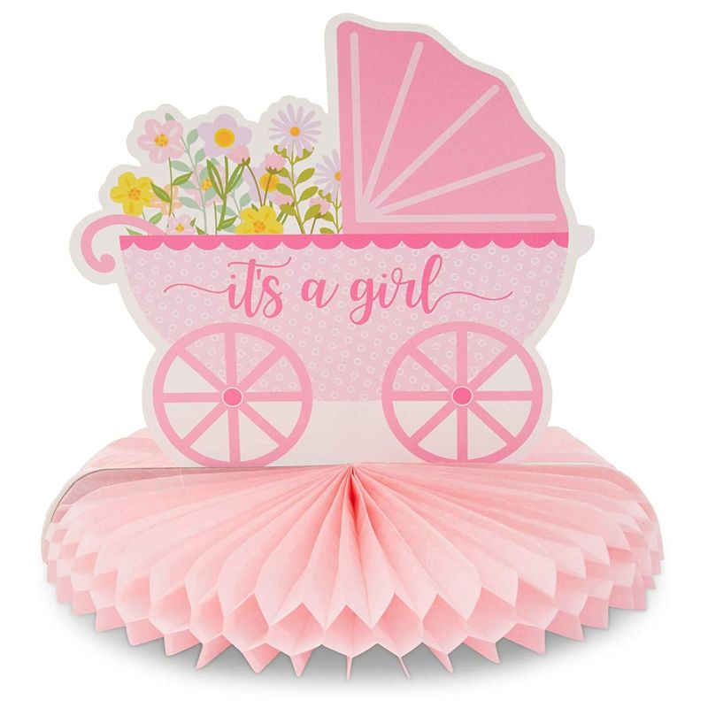6 Pack (2 of Each) Baby Shower Table Honeycomb Decorations for Girls, 3 Assorted Design, Pink, 8.25 x 7.5 inches, 3 of 8