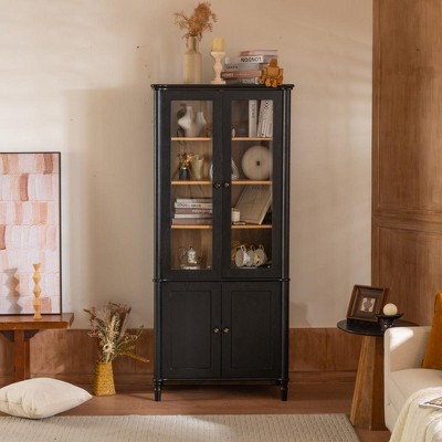 JUJABU 73.25" Black Vintage Display Cabinet with Glass Doors, for Collectibles, Home Decor & Storage
