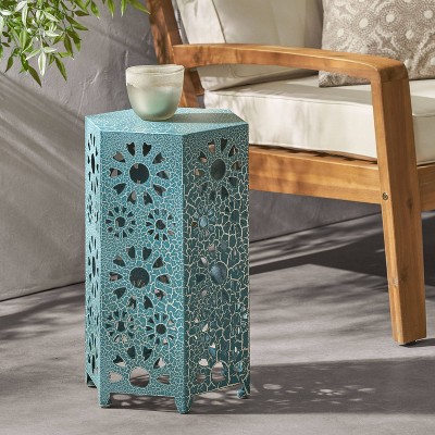 Teal Hexagon Iron Sunburst Outdoor Patio Side Table