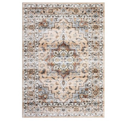 Washable Vintage Medallion Rug Non Slip Low Pile Rug Soft Throw Floor Cover Foldable Indoor Carpet for Living Room Bedroom