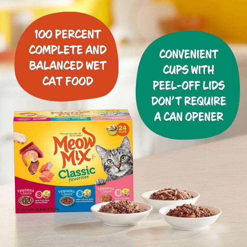 Meow Mix Tender Favorites with Crab, Shrimp, Chicken, Beef, Salmon &#38; Tuna Wet Cat Food Classic Favorites - 2.75oz/24ct Variety Pack, 4 of 10