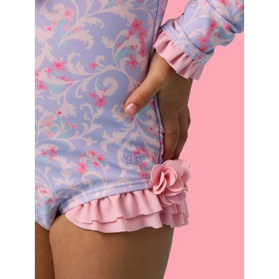 RuffleButts Girls UPF50+ Big Bow Ruffle Long Sleeve Rash Guard One Piece Swimsuit - Lavender Floral Princess, 6 — фото 3