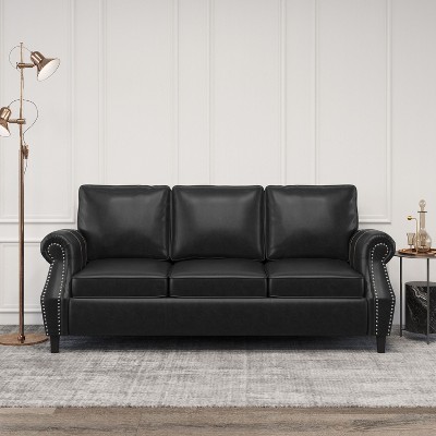 Sapphtopaz Modern PU Leather Sofa Couch Upholstered 3-Seater Sofa with Nailhead Trim & Wood Legs,Comfy Couches for Living Room,Apartment