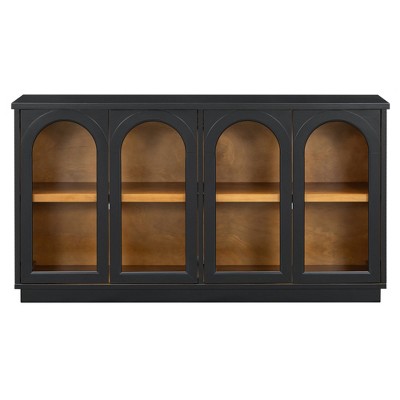 Hostack 4-Door Sideboard Cabinet with Glass Doors, Large Storage and Adjustable Shelves for Kitchen and Dining Room, Black