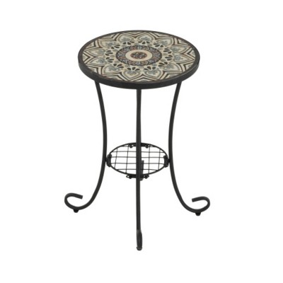 Syemin End Tables Patio Side Table with Shelf, Outdoor Round End Table with Weather Resistant Ceramic Tile Tabletop, Black, 14"*14"*21.65"