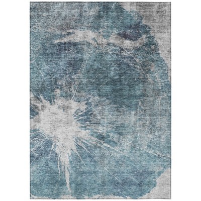 Teal Blue Navy Blue And Gray Abstract Washable Indoor Outdoor Area Rug