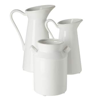 Farmlyn Creek 3 Piece Set Ceramic Pitcher Jug Vases for Home Decor, Small White Centerpieces for Living Room, 3 Sizes
