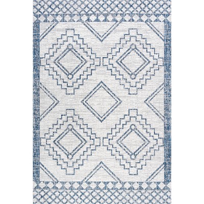 Ivory/Blue Synthetic Medallion Rectangular Easy-Care Rug