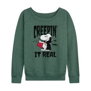 Women's - Peanuts - Creepin It Real Lightweight French Terry Wide Neck Long Sleeve Shirt - 1 of 4