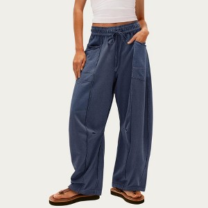 Anna-Kaci Women’s Soft Wide Leg Pants with Cargo Style Seam Detailing Adjustable Drawstring Waistband and Relaxed Stretch Fit - 1 of 2