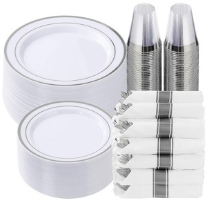 Itopfox 350 Piece Silver Plastic Dinnerware Set for 50 Guests, Fancy Disposable Plates for Party, Includes Dinner Plates, Dessert Plates, Napkins - 1 of 4