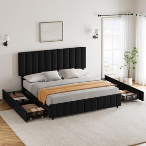 Full/ Queen/ King Size Bed Frame with 4 Storage Drawers, Adjustable Height Headboard, Linen Upholstered Platform Bed Frame, No Box Spring Needed - 1 of 4