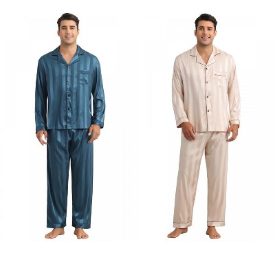 INSPIRE CHIC Men's 2 Pack Satin Pajamas Set Casual Long Sleeve Striped Button Sleepwear