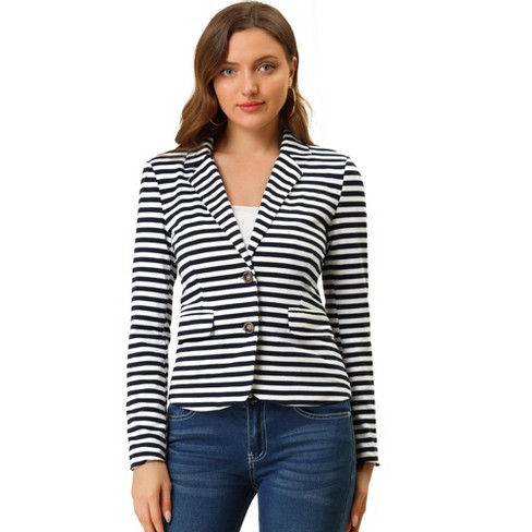 Allegra K Women s Notched Collar Long Sleeve Button Front Striped