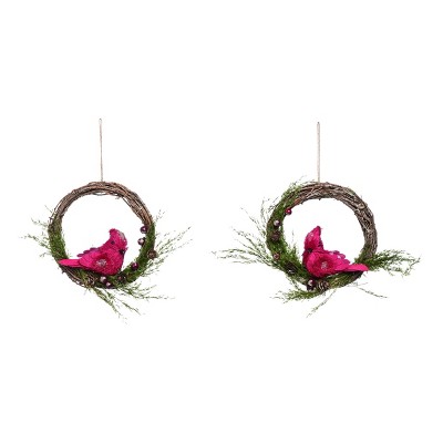 Transpac Wood 8 in. Multicolor Christmas Cardinal Ring Decor Set of 2