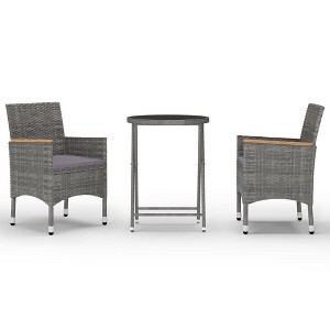 vidaXL Patio Bistro Set 3 Piece - Gray Poly Rattan & Tempered Glass Table/Chairs for Garden, Balcony, Deck, Porch - 1 of 4