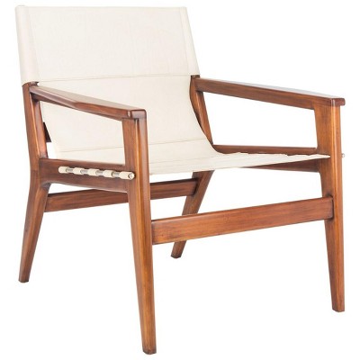 Culkin White Leather and Mahogany Wood Sling Chair
