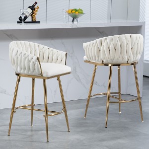 SKRAN Stylish 26" Velvet Bar Stool Set of 2 With Handcrafted Wave Backrest, Gold Chrome Base and Footstool for Kitchen Island, Bar, Pub - 1 of 4