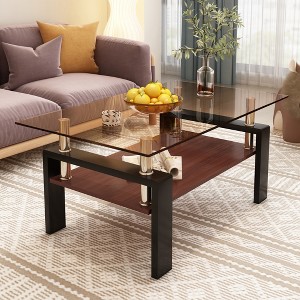 Rectangle Coffee Table, Tempered Glass Tabletop with MDF Layer, Black Iron Leg Modern Table, for Living Room - 1 of 4