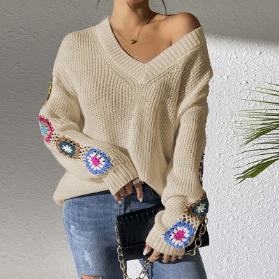 Women's Sweater V-Neck Sweater Colorful Crochet Flower Long Sleeve Pullover