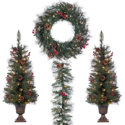 Sterling Assorted Set Of 4 Jefferson Pine Seasonal Entryway Greenery Includes 2 Potted Trees, 1 Garland, And 1 Wreath With Warm White Lights, Pinecone And Berry Accents : Target