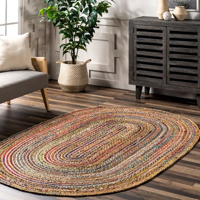 Handmade Multicolor Braided Cotton Oval Area Rug, 7' x 9'