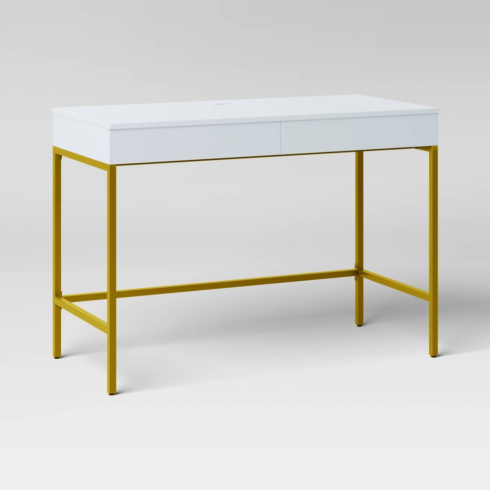 Loring Wood Writing Desk with Drawers and Charging Station White/Gold - Threshold&#8482;: Home Office, USB Port