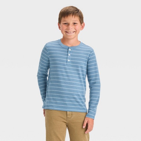 Boys' Long Sleeve Striped Henley Shirt - Cat & Jack™ Dark Blue XS