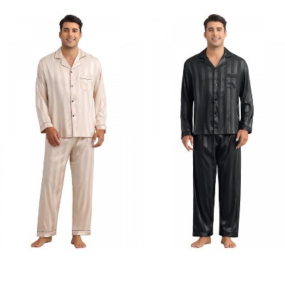 INSPIRE CHIC Men's 2 Pack Satin Pajamas Set Casual Long Sleeve Striped Button Sleepwear