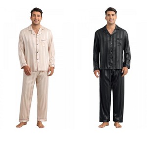 INSPIRE CHIC Men's 2 Pack Satin Pajamas Set Casual Long Sleeve Striped Button Sleepwear - 1 of 4