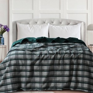 Tribeca Living Plaid Cotton Acrylic Reversible Blanket Green - 1 of 4