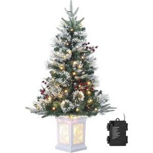 3FT Pre-Lit Fiber Optic Artificial Christmas Tree with 78 Warm White LED Lights, 8 Mode Timer, White Cement Base with Red Berries - 1 of 4