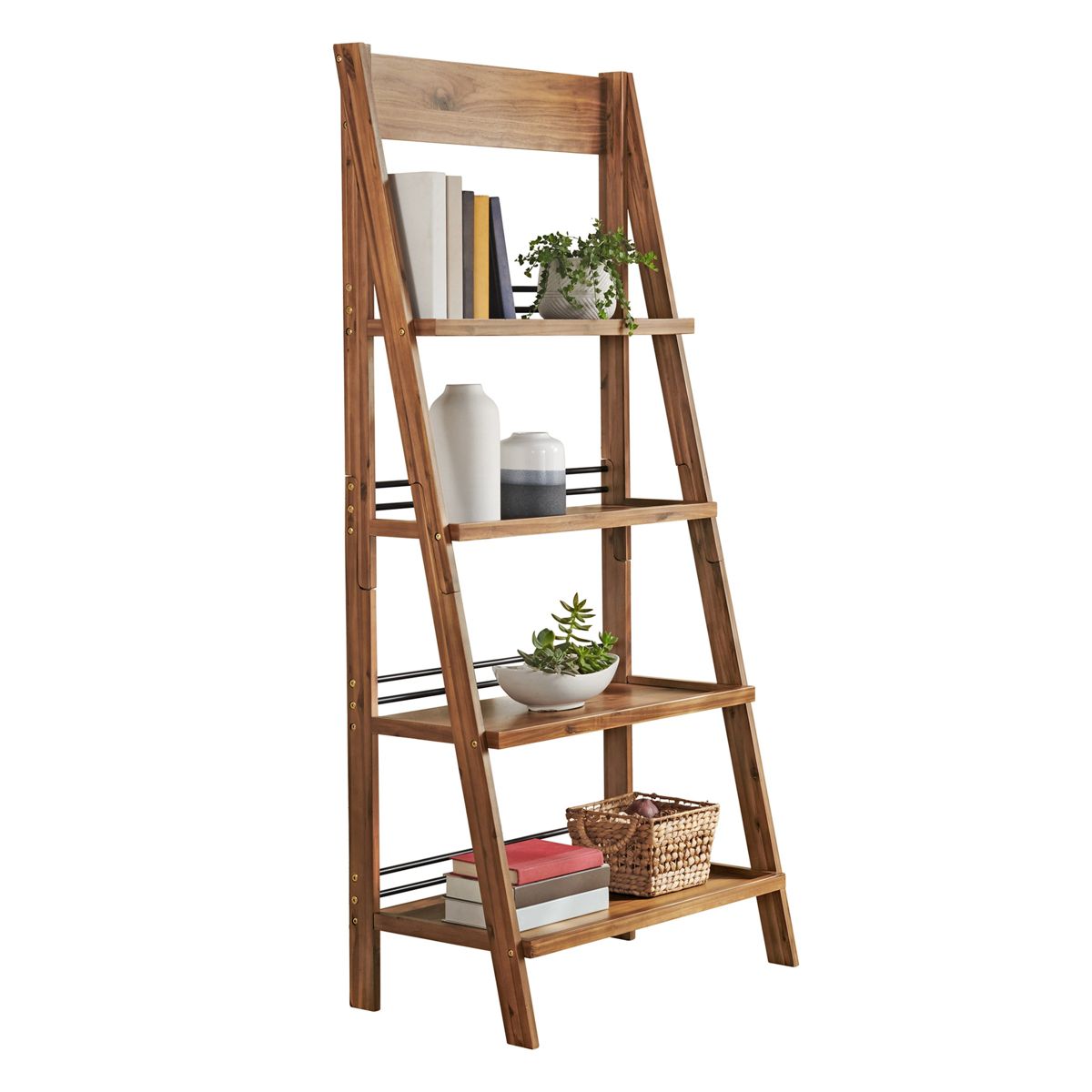 Alaterre Furniture 4-Tier Wood Ladder Bookshelf with X-Back Frame, Freestanding Bookcase for Living Room, Kitchen, Bedroom and Office, Walnut