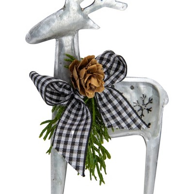 Silver Metal Reindeer Ornament with Pine and Gingham Bowtie