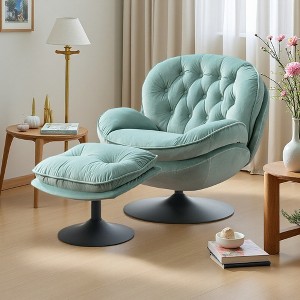 Velvet Swivel Lounge Chair with Ottoman, Tufted Design and Foam Cushion - 1 of 4