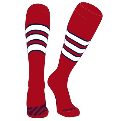 PEAR SOX Striped OTC Baseball, Softball, Football Socks (C) Red, Navy, White (XL)
