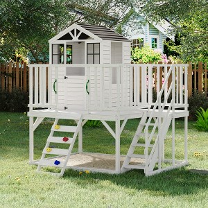 Outdoor Wooden Playhouse with Climbing Wall, 2 Story Wooden Playhouse with Step Ladder, Elevated Modern Cedar Playhouses Kids - 1 of 4