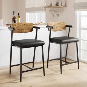 Set of 2 Counter Height Bar Stools 26" with Arms - Upholstered Modern Kitchen Island Stools with Wood Back, Footrest & Wider Seat, Easy Assembly - 1 of 4