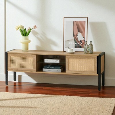 54.33" Rattan TV Stand with Sliding Doors, Adjustable Shelf, Metal Legs, Storage Cabinets, Modern TV Console for Living Room or Office