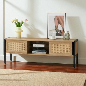 54.33" Rattan TV Stand with Sliding Doors, Adjustable Shelf, Metal Legs, Storage Cabinets, Modern TV Console for Living Room or Office - 1 of 4
