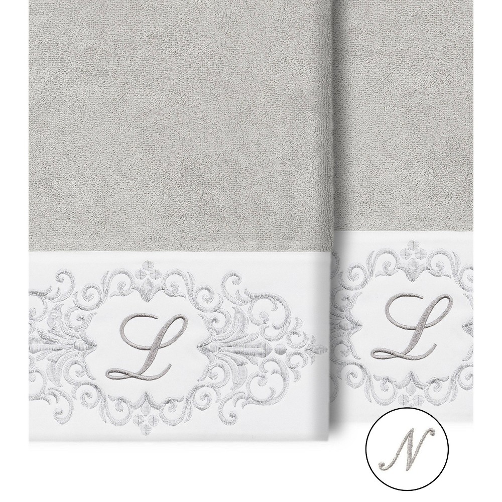 Photos - Towel Set of 2 Monogrammed Bath  Light Gray/N - Linum Home Textiles: Midweight Terry Cloth