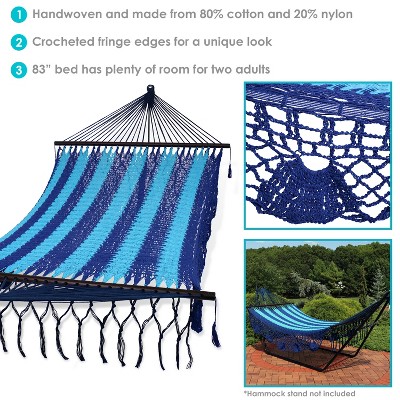 Blue Handwoven Cotton 2-Person Hammock with Spreader Bars