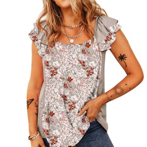 Women's Ruffled Cap Sleeve Floral Blouse Square Neck Open Back Tank Top Casual Summer Lounge Tops - 1 of 4