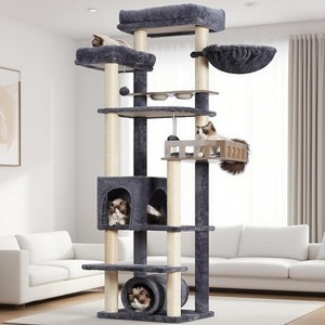 Cat Tree, Wooden Cat Tower, Modern Cat Apartment, with Scratching Posts, Cat Tunnels, Small Houses, Feeding Station, Hammock, Cat Playground - 1 of 4