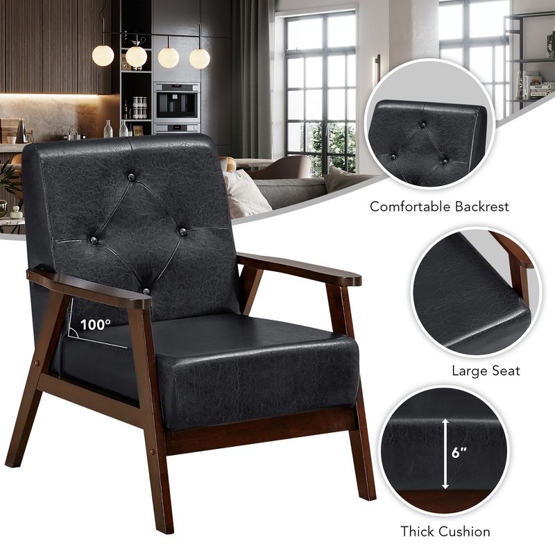 Costway Classic Accent Chair PU Leather Armchair w/Rubber Wood Legs & Button Tufted Back, 5 of 12