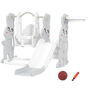 Ruvalino Baby Swings Indoor Rabbit Theme Swing Set with Slide and Basketball Hoop for Playroom Fun, White, 58.1"*63"*42.1" - 1 of 4