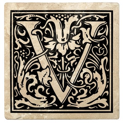 Christmas by Krebs Set of 4 Ivory and Onyx Black "V" Square Monogram Coasters 4"