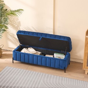 Vynxaria 49.2" Wide Velvet Upholstered Storage Bench - Soft Ottoman Footstool w/Metal Legs, End of Bed/Foot Rest for Home (Navy) - 1 of 4