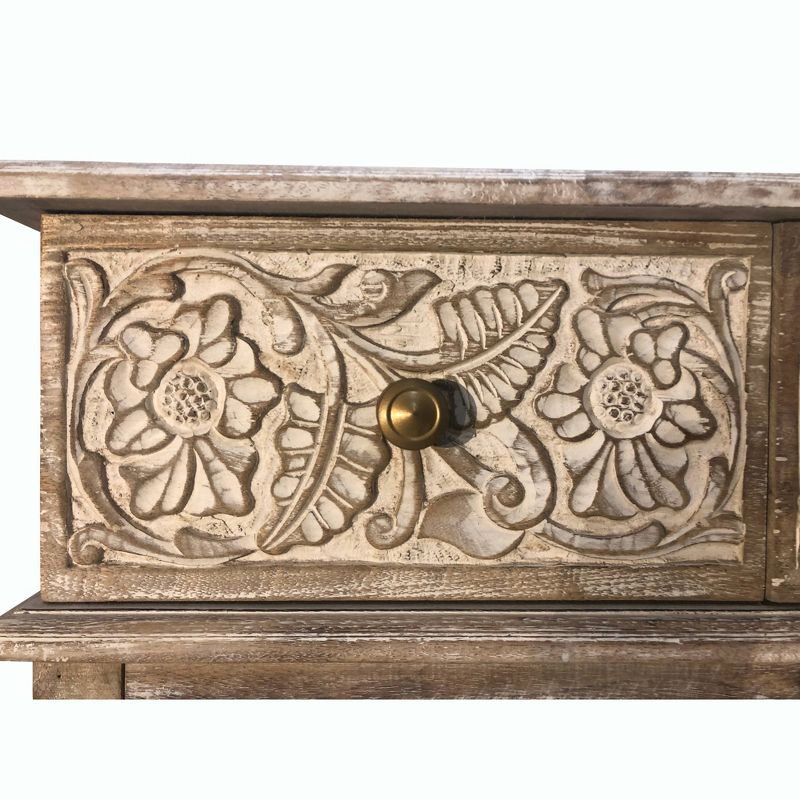 2 Drawer Mango Wood Console Table with Floral Carved Front Brown/White - The Urban Port, 5 of 8